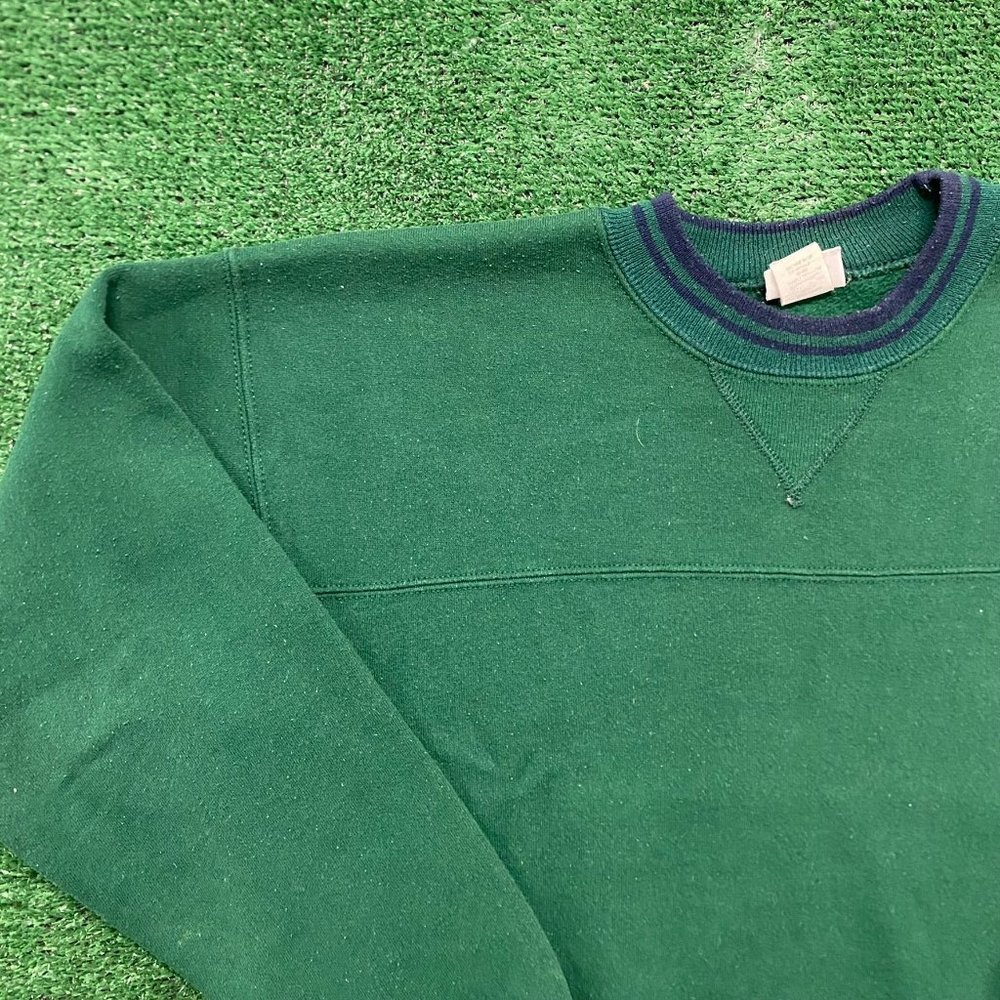 Vintage 90s Dark Forest Green Crewneck Sweatshirt Plain Blank Fleece Minimalist - Picture 2 of 4